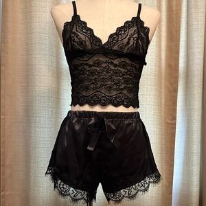 Black Lace Pajama Set Sheer Lace Top Solid Black Shorts with Lace Womens Medium